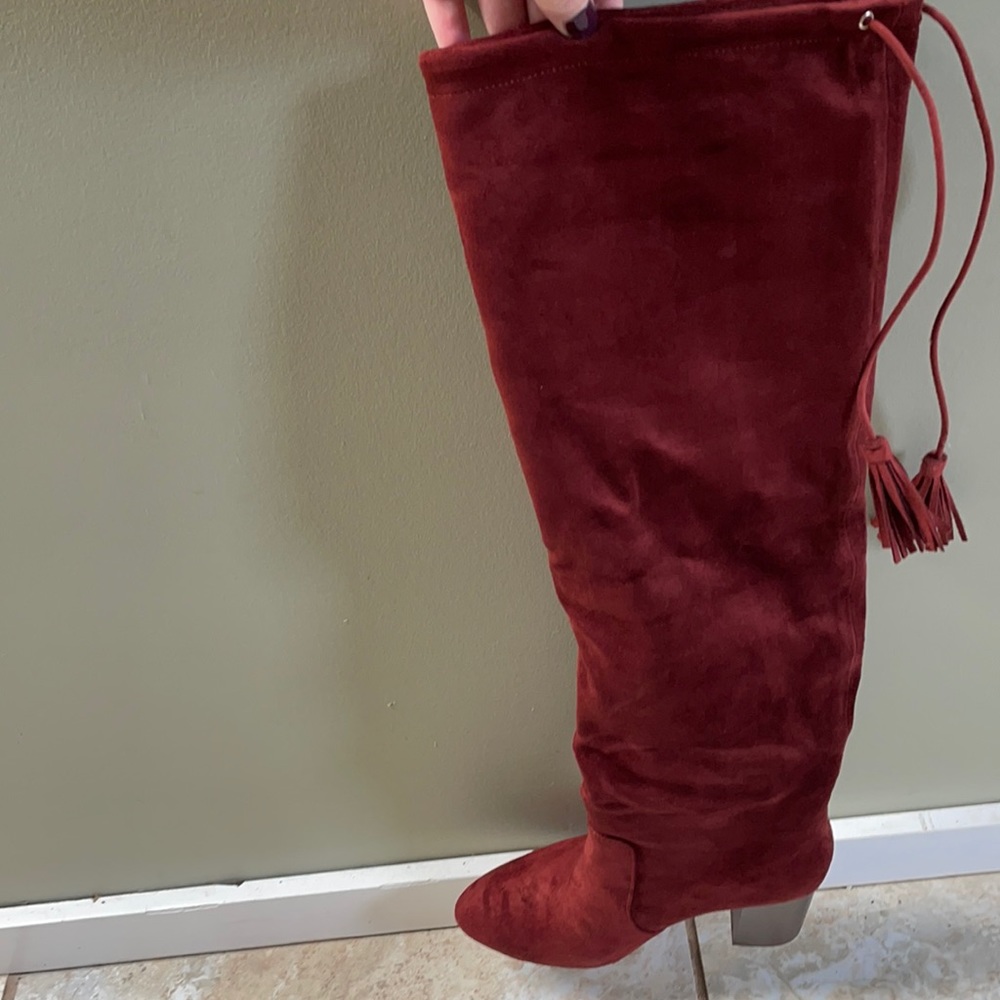 Rust coloured faux suede over the knee boots